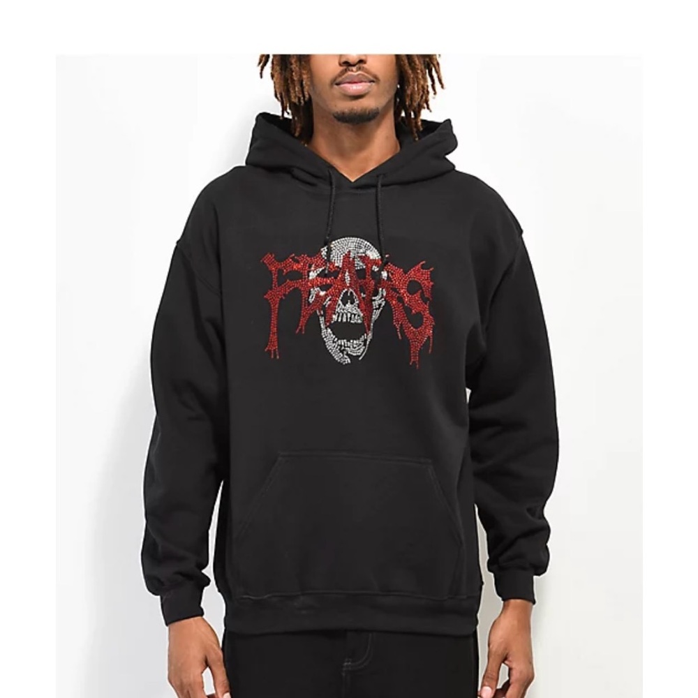 Men's Black Graphic Hoodie with Red Skull Design